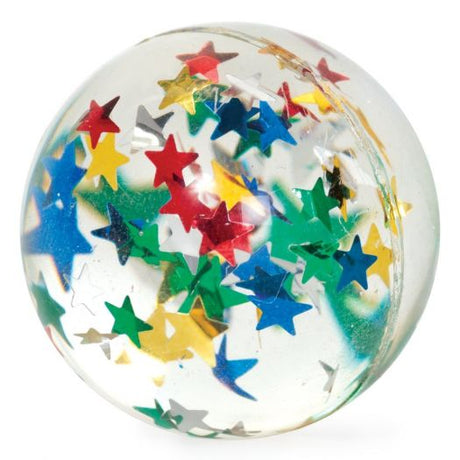 Classic Bouncy Ball with colorful star confetti inside, highly bouncy and pocket-sized for fun on the go.