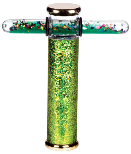 Kaleidoscope Glitter Wand with green glitter and colorful stars, classic fun toy for kids ages 5 and up.