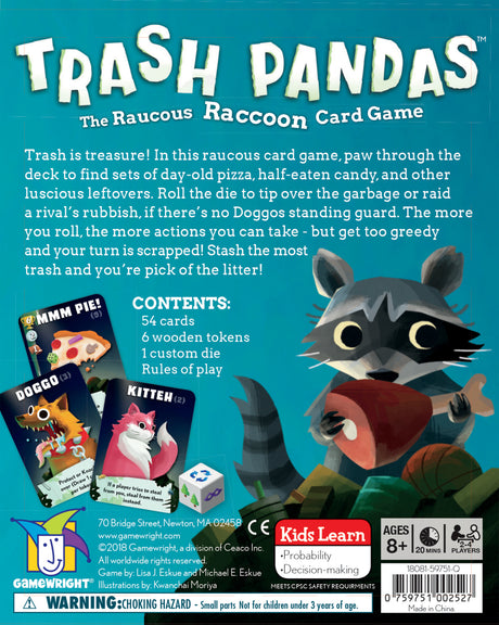Trash Pandas card game featuring playful raccoon artwork and game details including cards, tokens, and custom die.