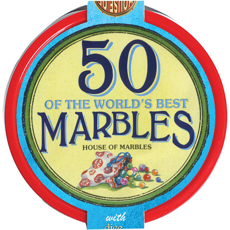 Tub of Marbles with 50 colorful marbles in a clear plastic jar including a cotton bag, dice, and game instructions.