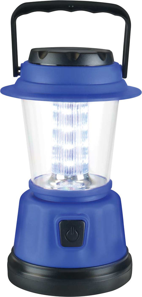 LED Lantern with 16 bright LED lights, two light modes, and a blue handle, perfect for camping and outdoor adventures.