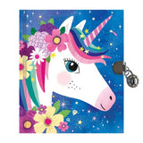 Unicorn Diary with colorful unicorn and flowers on cover, featuring a silver lock and 2 keys for secure writing.