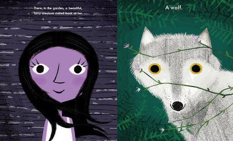 Moon book illustration showing a girl with dark hair and a white wolf behind green foliage.