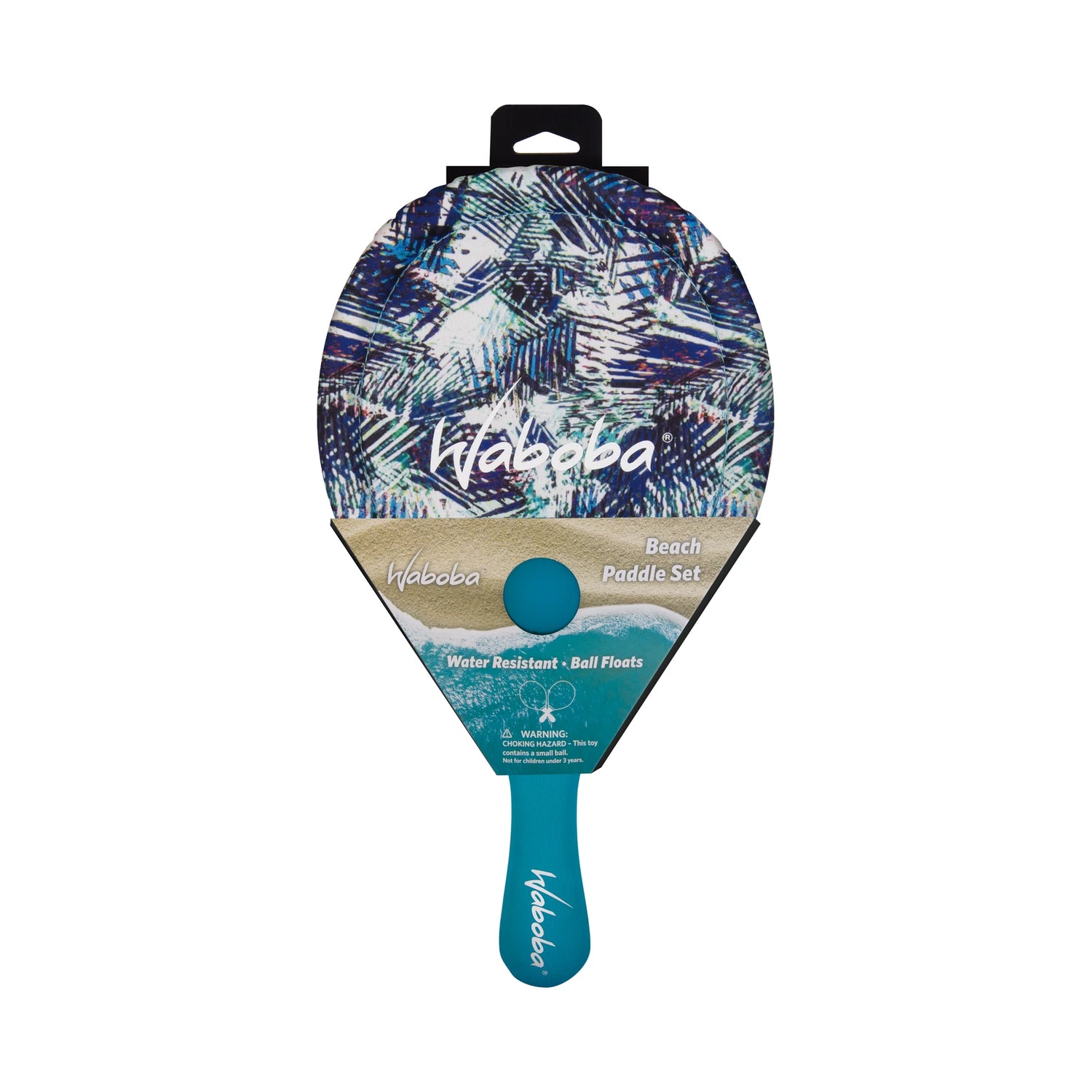 Waboba Beach Paddle Set with waterproof cover, non-slip grip, and floating ball for fun beach and pool games.