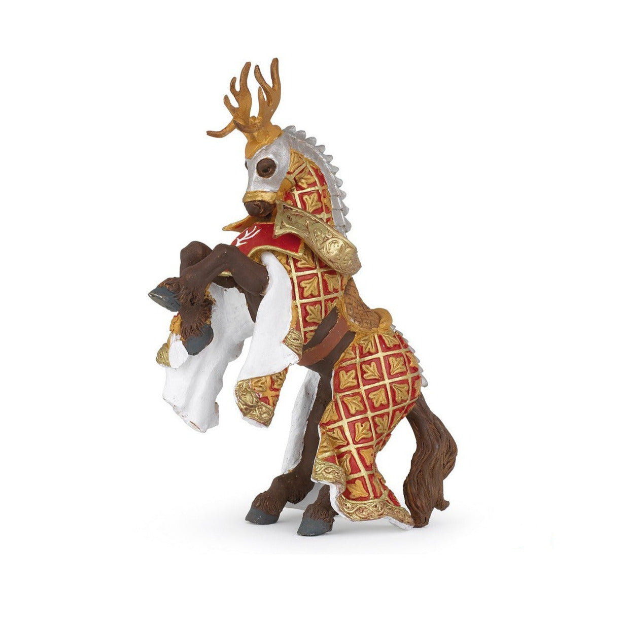 Weapon Master Stag Horse figurine in red and gold medieval armor, perfect for epic battles and kingdom defense.
