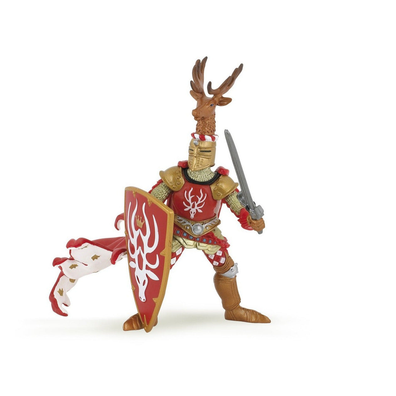 Weapon Master Stag figurine with stag head, red armor, sword, and shield for medieval battles and knight duels.