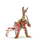 Weapon Master Stag figurine with stag head, red armor, sword, and shield for medieval battles and knight duels.