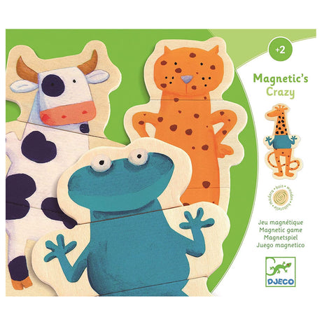 Magnets Crazy Animals wooden magnetic puzzle with mix-and-match animal pieces for creative play on metal surfaces.