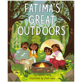 Cover of Fatima's Great Outdoors showing a family camping by a fire in a lush green forest setting.