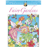 Fairy Gardens Coloring Book cover with fairies, flowers, birds, and butterflies in a vibrant magical garden scene.