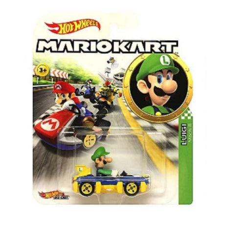 Hot Wheels Mario Kart Luigi 1:64 die-cast kart toy in packaging, perfect for Mario Kart and Hot Wheels fans.