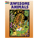 Cover of Awesome Animals Coloring Book featuring a playful tiger surrounded by plants and a butterfly.