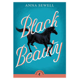 Black Beauty book cover featuring a black horse galloping on a blue background with the title in bold script.