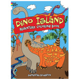 Dino Island Adventure Coloring Book cover with colorful dinosaurs and a vibrant prehistoric landscape for kids.