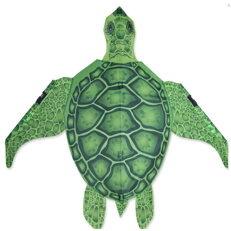 Baby Sea Turtle Kite with detailed green shell design, stable flying delta shape, and vibrant polyester fabric.