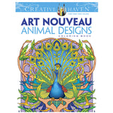 Art Nouveau Animals Coloring Book cover featuring a detailed, colorful peacock in elegant Art Nouveau style.