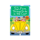 52 Fun Things to Do in the Car Cards featuring a colorful car with passengers for engaging road trip activities.