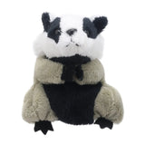 Soft and cuddly Badger Finger Puppet in black and white plush, perfect for imaginative play for ages 1 and up.