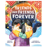 Friends Are Friends Forever book cover shows two girls hugging amidst paper-cut snowflakes on a snowy Lunar New Year’s Eve.