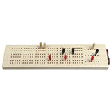 3 Track Maple Cribbage board made of maple with pegs in red, black, and natural wood colors for three-player games.