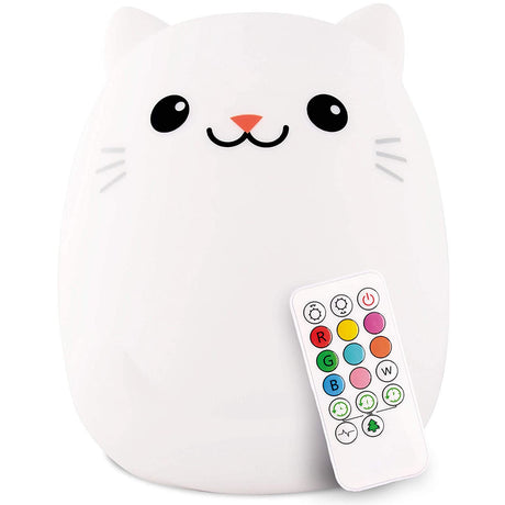 LED Nightlight | Cat with remote control, soft silicone, 9 colors, rechargeable, and kid-friendly night lamp.
