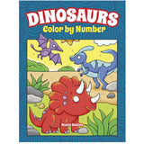 Color by Number Dinos Coloring Book cover featuring playful dinosaurs with numbered sections for kids ages 4 and up.