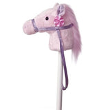Hobby Horse Pink plush stick pony with fabric bridle and pink mane, safe wooden stick for kids 3 years and up.