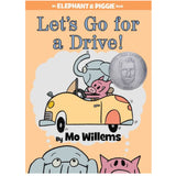 Elephant & Piggie Let's Go for A Drive! book cover with Elephant driving yellow car and Piggie smiling inside.