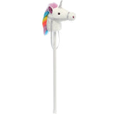 Hobby Horse White Unicorn with rainbow mane, silver bridle, and 37" wooden stick for imaginative play.