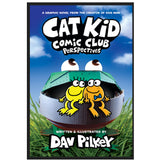 Cover of Cat Kid Comic Club #2: Perspectives featuring two colorful frogs inside a cardboard box with cartoon eyes on top.