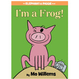 Elephant & Piggie I'm a Frog book cover with Piggie winking and Gerald surprised on green background by Mo Willems