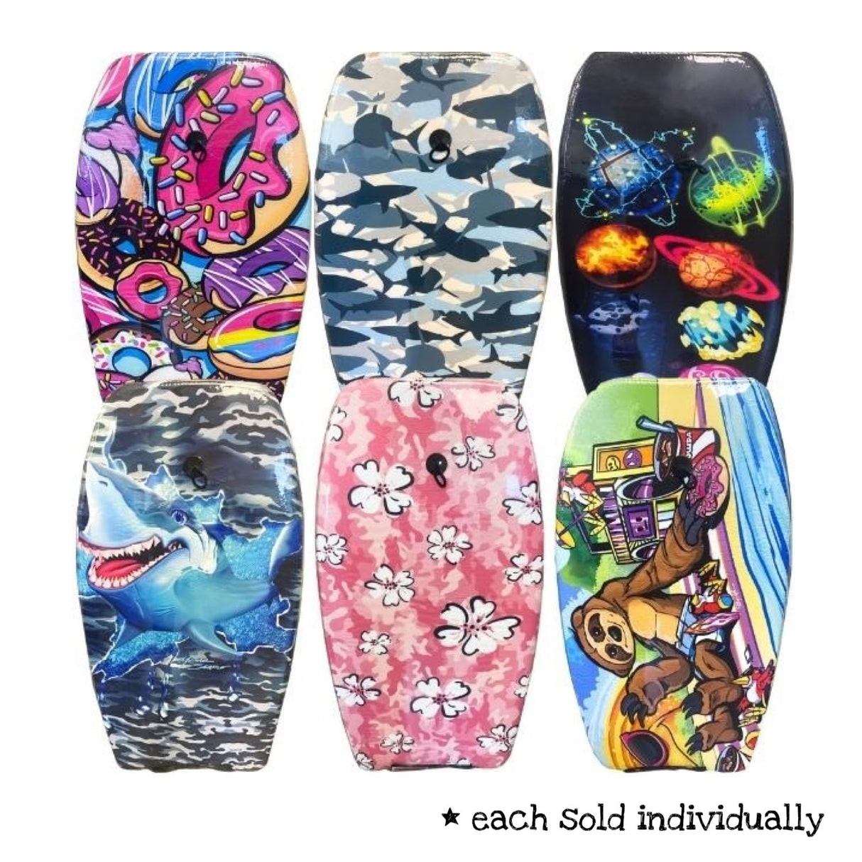 Body Board Medium with EPS core wrist leash in assorted vibrant designs, each sold individually for fun water activities.