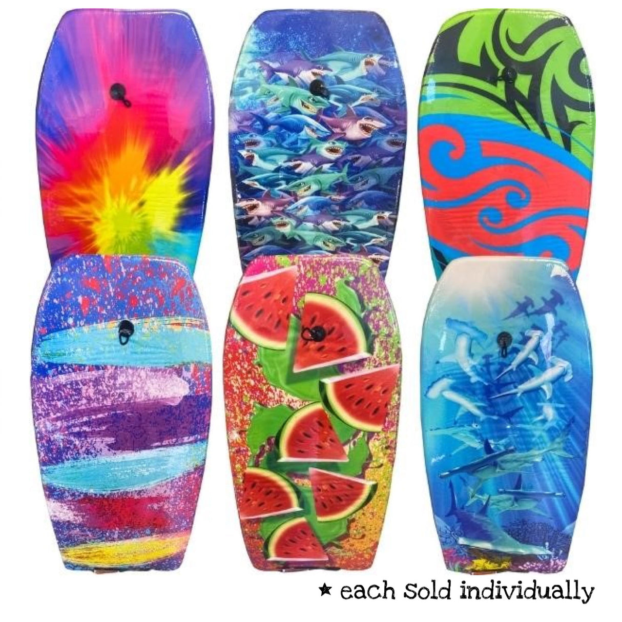 Body Board LG colorful 36-inch EPS core boogie boards with wrist leash, assorted fun summer designs for ages 3 and up.