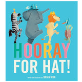 Cover of Hooray for Hat! board book showing zebra, elephant, lion, and turtle wearing colorful hats on a bright blue background.