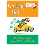 Go Dog Go! book cover showing a dog driving a yellow car in a children's board book style.