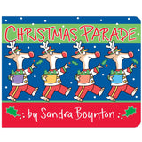 Christmas Parade board book cover shows four festive reindeer marching on a snowy blue background by Sandra Boynton.