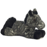 Horse Storm plush toy is grey with white spots, black mane and tail, lying floppy and 8 inches long.