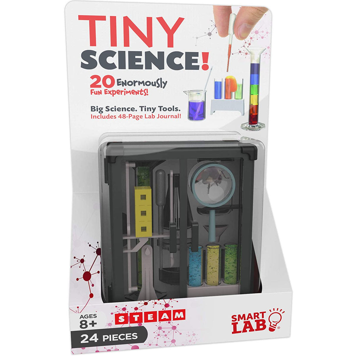 Tiny Tools Tiny Science kids science kit with 24 pieces including magnifier, test tubes, and mini instruction book for ages 8+