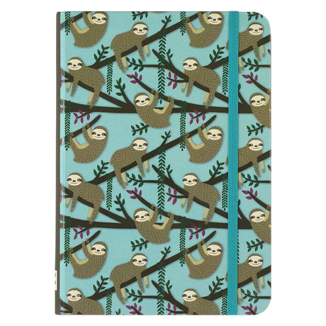 Sloths Journal with playful sloth pattern on blue cover and blue elastic closure for secure writing.