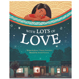 With Lots of Love book cover showing a girl looking down over a colorful border with houses below at night.