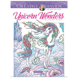 Unicorn Wonders Coloring Book with a colorful unicorn surrounded by flowers and a castle in a fantasy landscape.