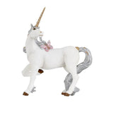 Silver Unicorn figurine with golden horn, silver mane, and pink butterfly detail, perfect for magical play scenes.
