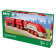 Streamline Train toy set with retro-futuristic red and silver wooden train on BRIO World tracks for ages 3 plus.
