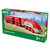 Streamline Train toy set with retro-futuristic red and silver wooden train on BRIO World tracks for ages 3 plus.