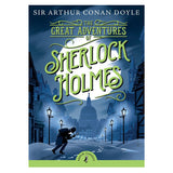 Sherlock Holmes book cover showing detective under moonlight in a Victorian London street solving mysteries.