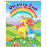 Unicorn Fun Coloring Book cover shows colorful unicorns under a rainbow in a bright, magical landscape.