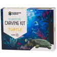 Soapstone Carving Turtle kit box showing underwater scene and green soapstone turtle carving project for beginners.