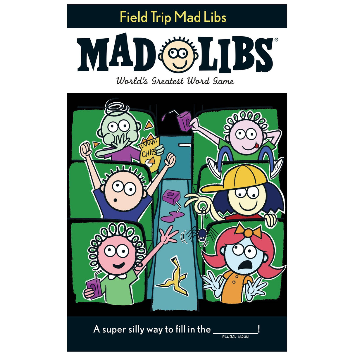 Cover of Mad Libs Field Trip showing cartoon kids on a bus having fun playing the world’s greatest word game.