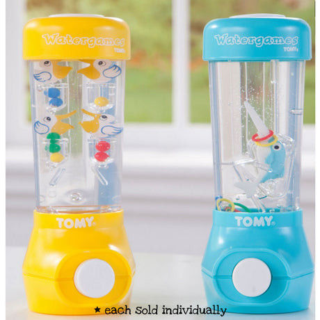Water Game by TOMY in yellow and blue, classic water-filled handheld game with buttons and floating rings.