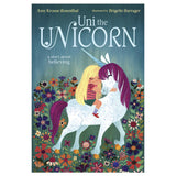 Uni the Unicorn book cover showing a little girl hugging a unicorn in a colorful flower field.